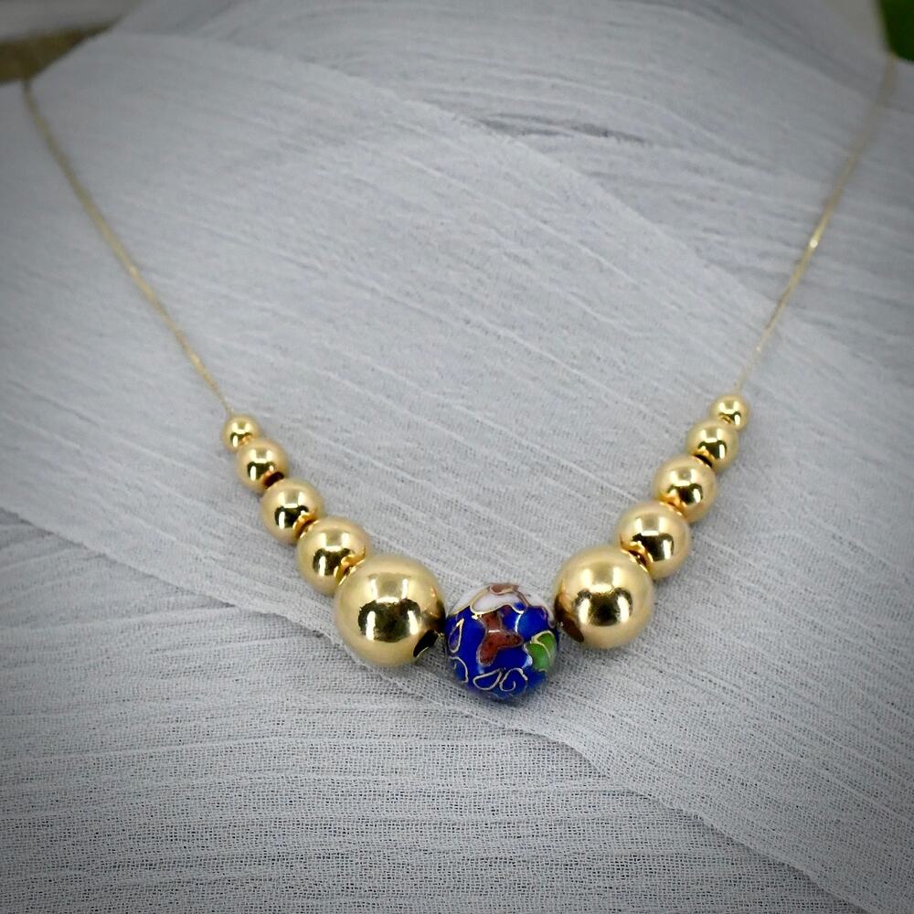 Vintage 14K Gold Cloisonne Enamel Bead Slide Necklace 2.94g 1980s